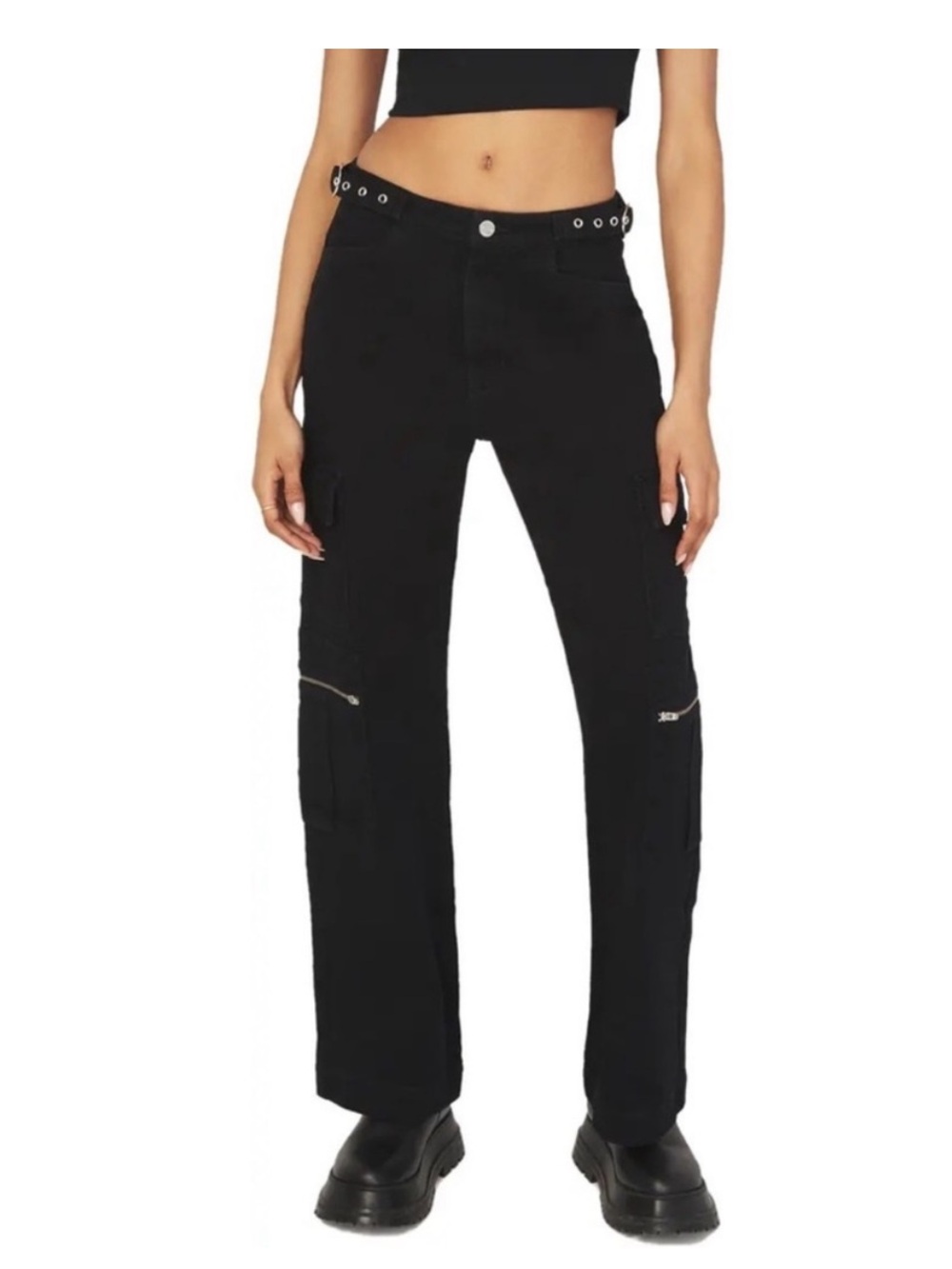 We Wore What Womens Black Utility Stretch Twill Denim Straight Leg Jean, Size 28